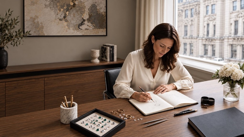 Jewellery designer sketching a bespoke piece at her atelier desk