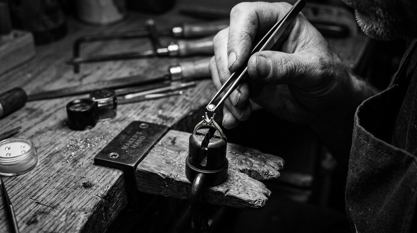 Master jeweler setting a diamond into precious metal at a workshop bench
