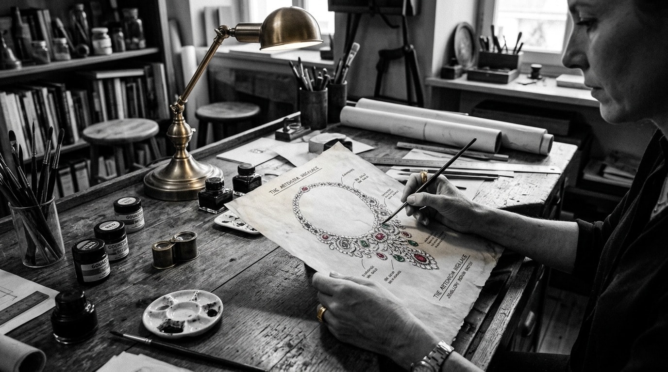Fine jewelry designer hand-painting haute joaillerie watercolor blueprints in an atelier
