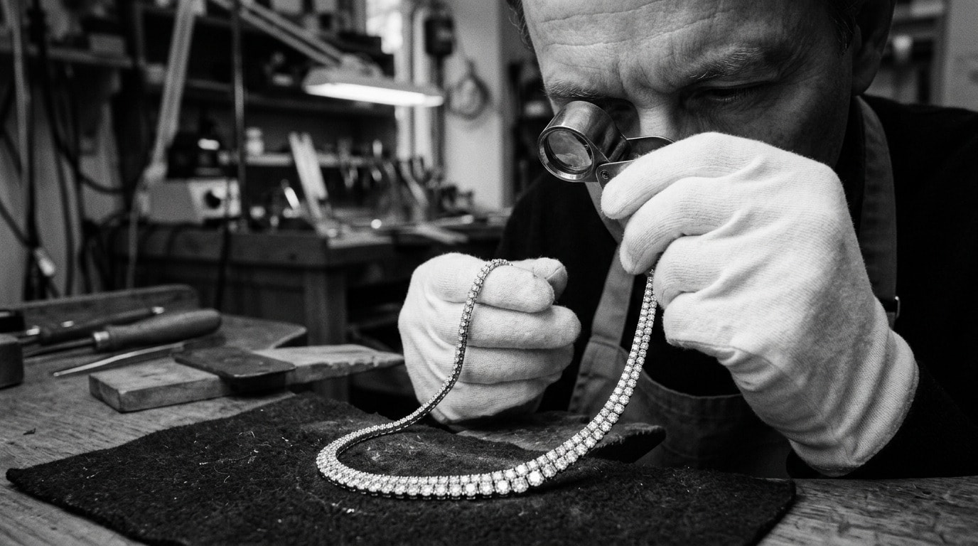 Master jeweler inspecting brilliant diamonds on a finished necklace with a loupe